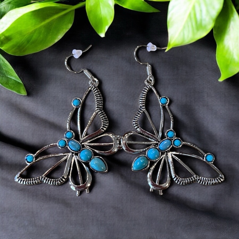 Silver toned Filigree Look Butterfly Earrings faux turquoise Bohemian Boho